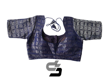Navy Blue Color Plus Size Readymade Saree Blouses, Indian Brocade Silk Blouse - D3blouses