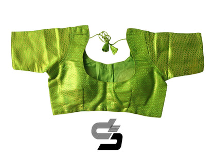 Parrot Green Color Brocade Silk Readymade Saree Blouses, Indian Plus Size Blouse