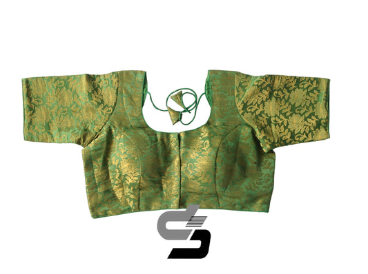 Green Color Plus Size Brocade Silk Readymade Saree Blouses, Indian Plus Size Blouse