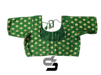 Green Color Brocade Silk Readymade Saree Blouses, Indian Plus Size Blouse - D3blouses