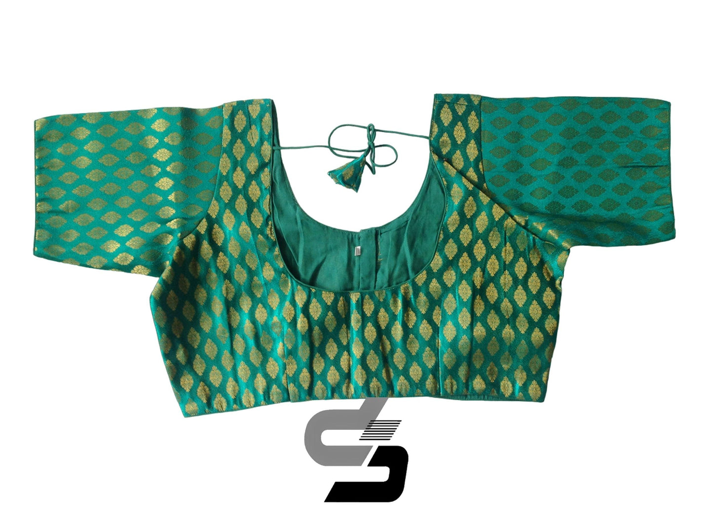 Teal Green Color Brocade Silk Readymade Saree Blouses, Indian Plus Size Blouse
