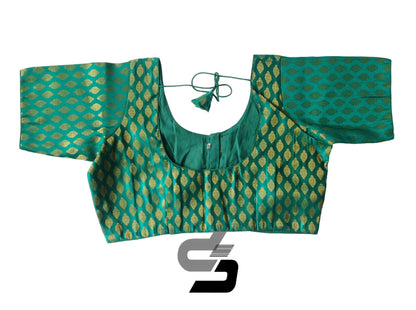 Teal Green Color Brocade Silk Readymade Saree Blouses, Indian Plus Size Blouse - D3blouses