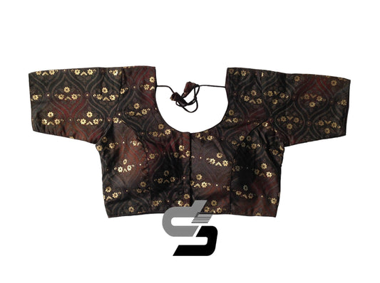 Black & Brown Mixed Shades Plus Size Printed Silk Readymade Saree Blouses/ Indian Designer Blouse - D3blouses