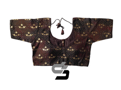 Black & Brown Mixed Shades Plus Size Printed Silk Readymade Saree Blouses/ Indian Designer Blouse