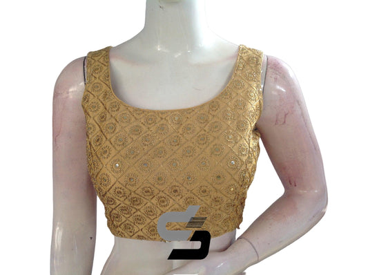 Gold Color Designer Sequins Embroidery Sleeveless Readymade Saree Blouse With Tassels - D3blouses