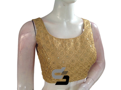 Gold Color Designer Sequins Embroidery Sleeveless Readymade Saree Blouse With Tassels