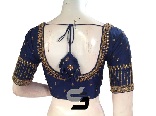 Navy Blue Color Bridal Handwork Readymade Saree Blouse, Indian Ethnic Blouse