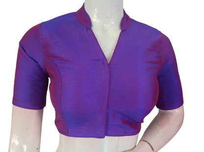 Purple color semi raw silk collar neck saree blouse with cotton lining. Stitched, padded, ready to wear in sizes 34–40. Perfect for weddings & festive sarees.