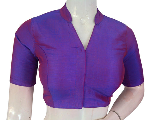 Purple color semi raw silk collar neck saree blouse with cotton lining. Stitched, padded, ready to wear in sizes 34–40. Perfect for weddings & festive sarees.