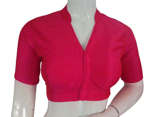 Pink Color Semi Raw Silk Saree Blouse – Collar Neck, Stitched & Ready to Wear with Cotton Lining