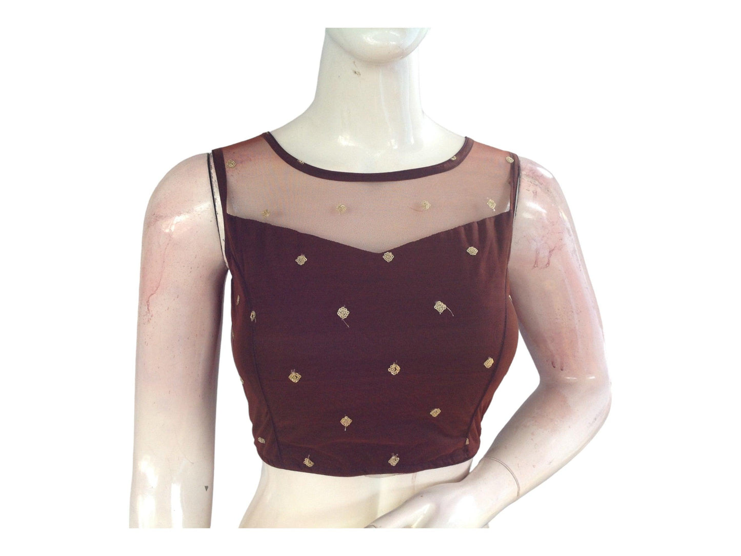 Brown Color Designer Netted Party Wear Readymade Saree Blouses.