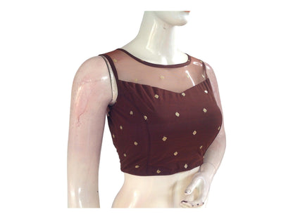Brown Color Designer Netted Party Wear Readymade Saree Blouses.
