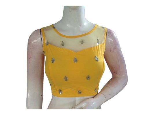 Yellow Color Designer Netted Party Wear Readymade Saree Blouses.