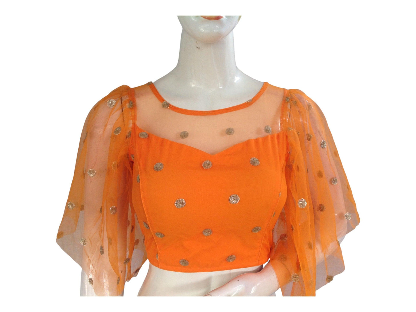 Orange Color Designer Netted Party Wear Readymade Saree Blouses.