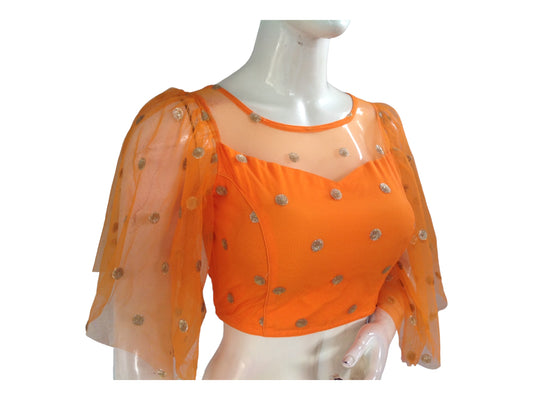 Orange Color Designer Netted Party Wear Readymade Saree Blouses.