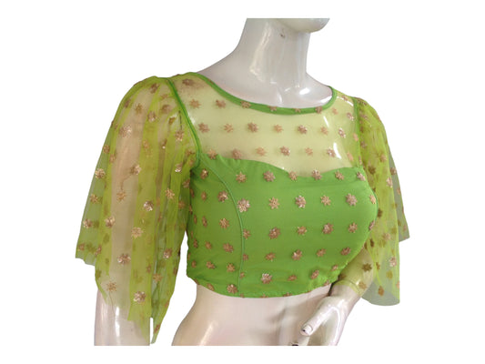 Parrot Green Color Designer Netted Party Wear Readymade Saree Blouses.