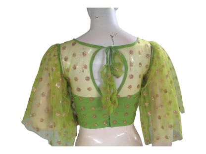 Parrot Green Color Designer Netted Party Wear Readymade Saree Blouses.