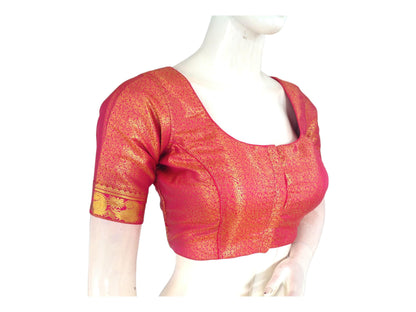 Explore elegance with our Pink Brocade Silk Readymade Saree Blouse featuring border sleeves. Crafted with intricate detailing, this blouse adds sophistication to your ensemble, perfect for enhancing your ethnic attire with grace and style.