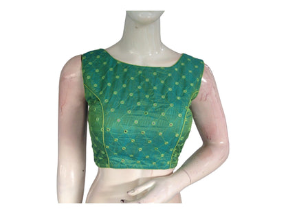 Green Sleeveless Semi Silk Boat Neck Saree Blouse with Foil Mirror, Party-ready Perfection