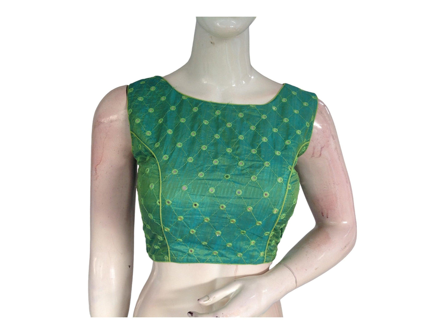 Green Sleeveless Semi Silk Boat Neck Saree Blouse with Foil Mirror, Party-ready Perfection - D3blouses