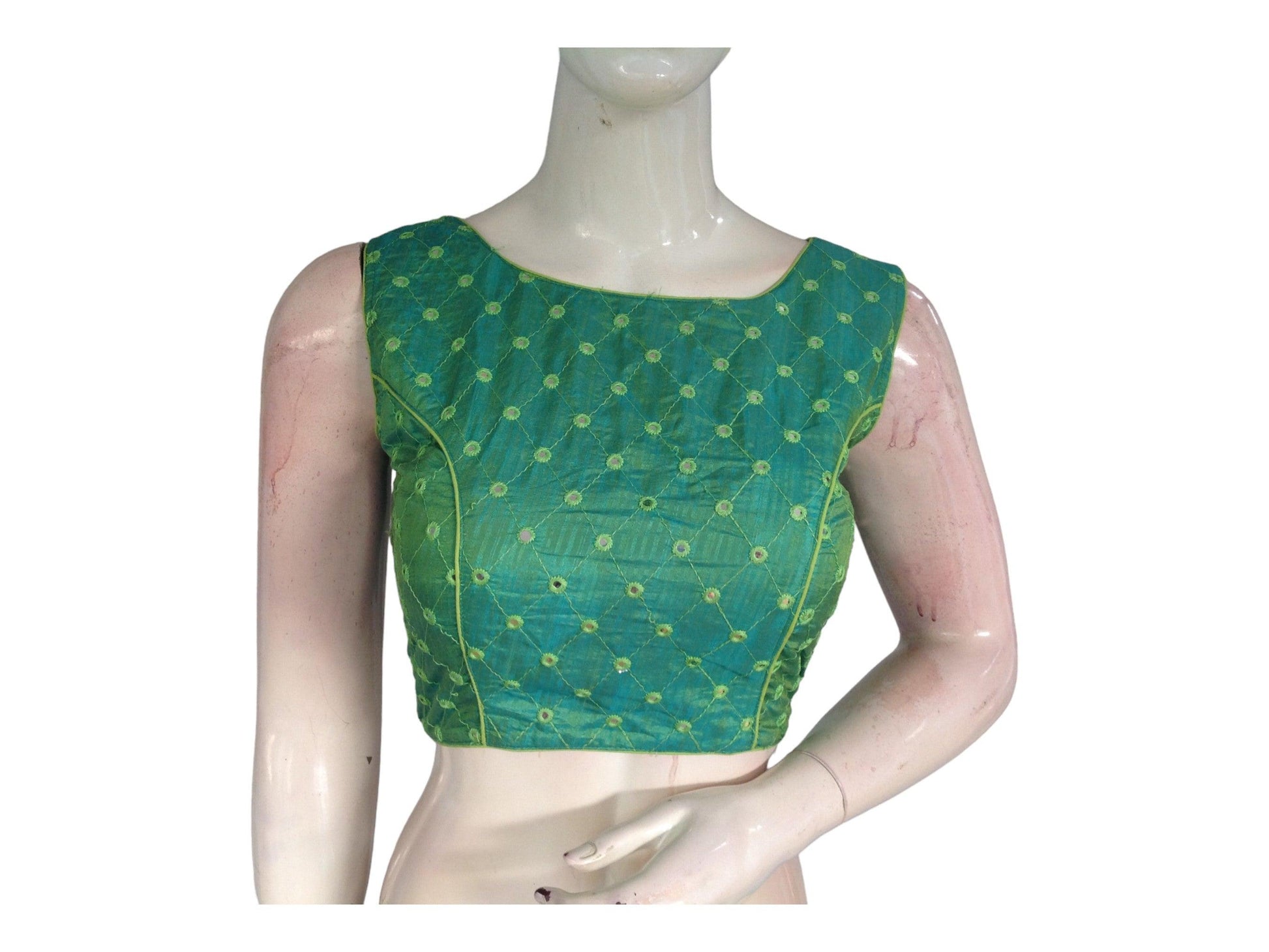 Green Sleeveless Semi Silk Boat Neck Saree Blouse with Foil Mirror, Party-ready Perfection - D3blouses