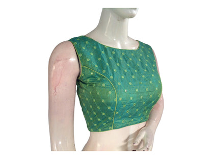 Green Sleeveless Semi Silk Boat Neck Saree Blouse with Foil Mirror, Party-ready Perfection