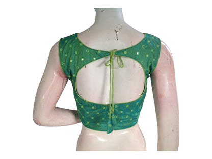 Green Sleeveless Semi Silk Boat Neck Saree Blouse with Foil Mirror, Party-ready Perfection