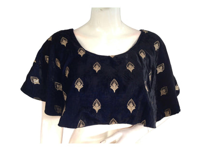 Navy Blue Velvet Ponchos Readymade Saree Blouse, Indian Designer Choli Top