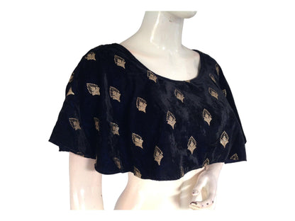 Navy Blue Velvet Ponchos Readymade Saree Blouse, Indian Designer Choli Top