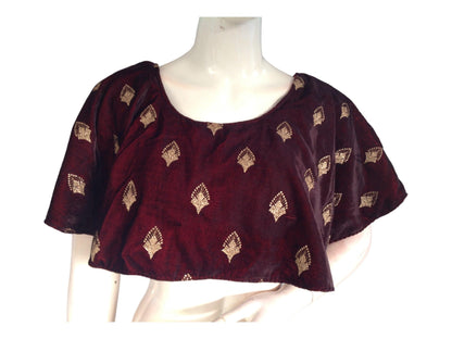 Dark Maroon Velvet Ponchos Readymade Saree Blouse, Indian Designer Choli Top