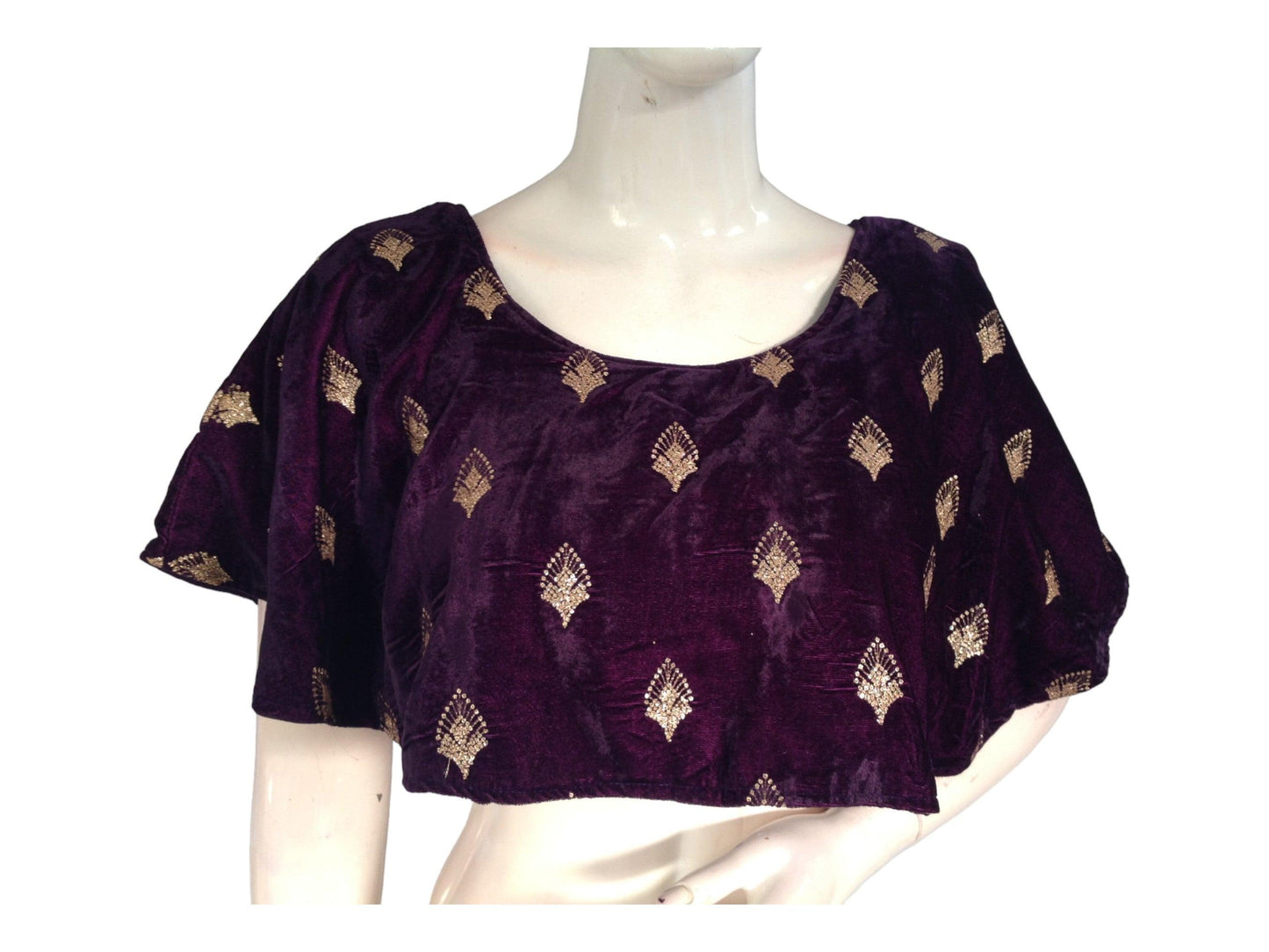 Dark Purple Velvet Ponchos Readymade Saree Blouse, Indian Designer Choli Top