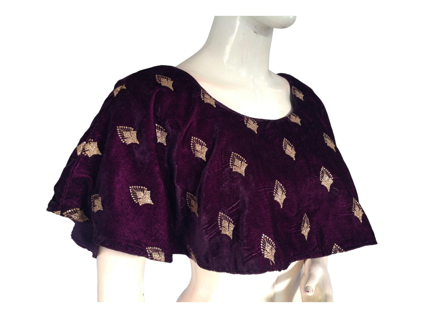Dark Purple Velvet Ponchos Readymade Saree Blouse, Indian Designer Choli Top