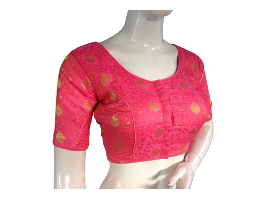 Peach Pink Color Brocade Readymade Saree Blouse, Indian Traditional Blouse