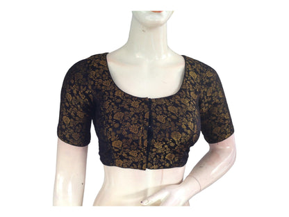 Black Color Brocade Readymade Saree Blouse, Indian Ethnic Silk Blouse - D3blouses