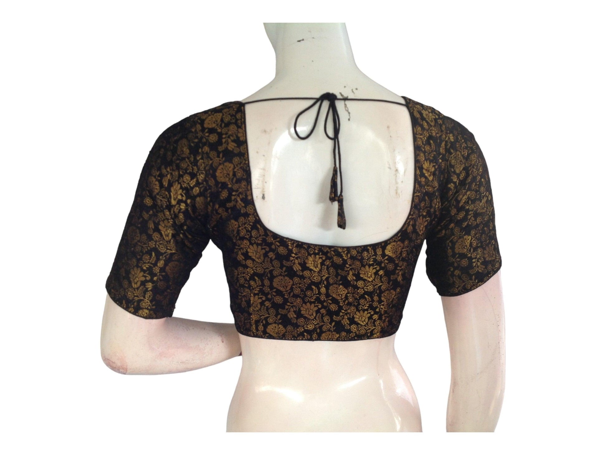 Black Color Brocade Readymade Saree Blouse, Indian Ethnic Silk Blouse - D3blouses