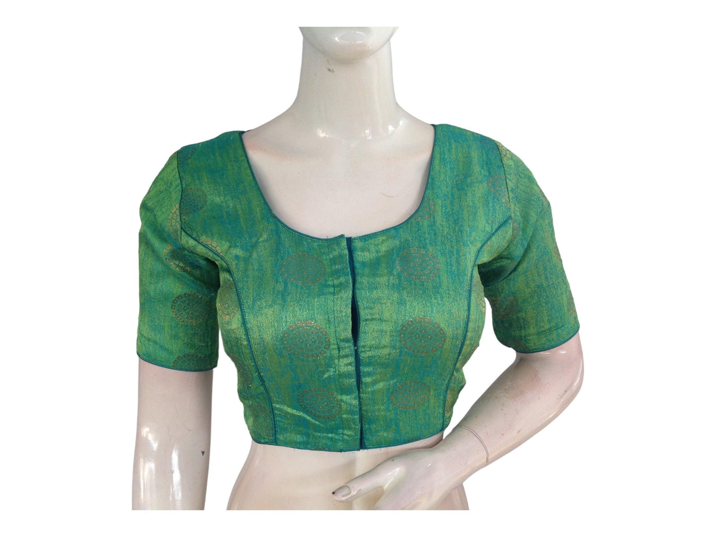 Green Color Brocade Readymade Saree Blouse, Indian Ethnic Silk Saree Blouse