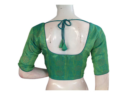 Green Color Brocade Readymade Saree Blouse, Indian Ethnic Silk Saree Blouse