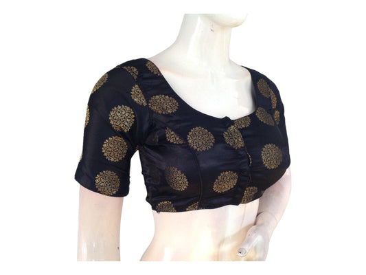 Elevate your ethnic ensemble with our Black Brocade Readymade Saree Blouse, a statement piece from our Indian Ethnic Blouse collection. Crafted with intricate brocade detailing, this blouse exudes elegance and charm, perfect for making a stylish impact at cultural gatherings or special events.