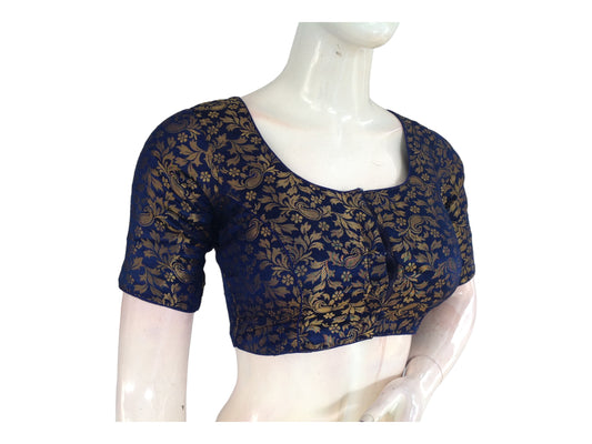 Navy Blue Color Brocade Readymade Saree Blouse, Indian Traditional Blouse