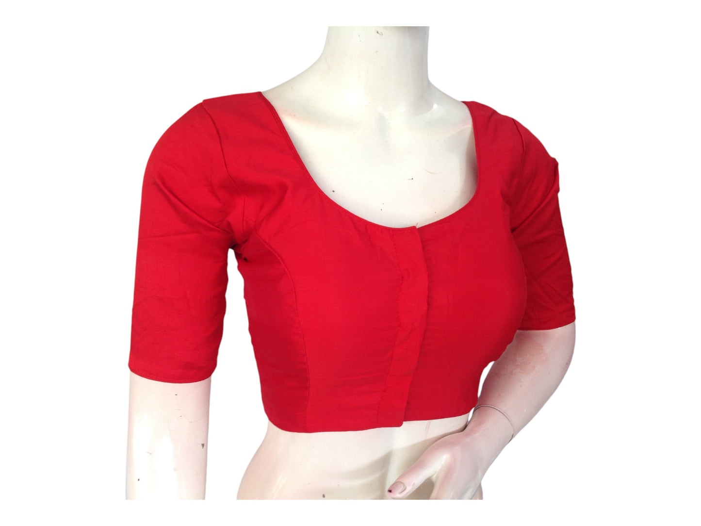 Red Silk Cotton Plain Readymade Saree Blouse - Indian Fashion
