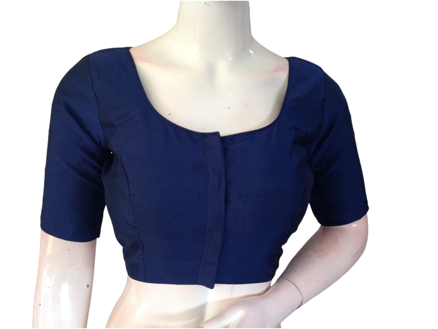 Navy Blue Silk Cotton Plain Readymade Saree Blouse - Indian Fashion