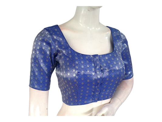 Blue with Silver Mixed Brocade Silk Readymade Saree Blouse