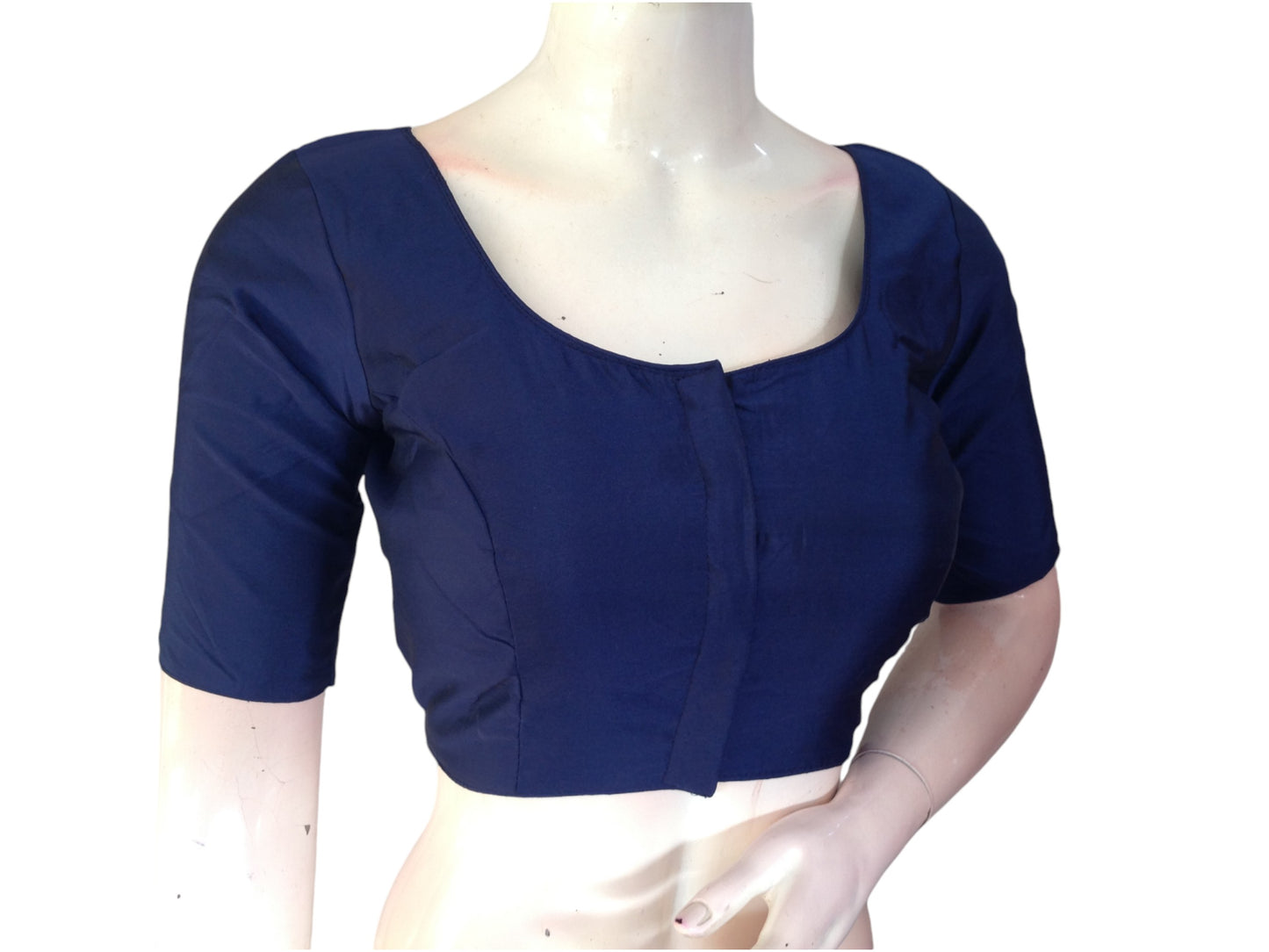 Navy Blue Silk Cotton Plain Readymade Saree Blouse - Indian Fashion