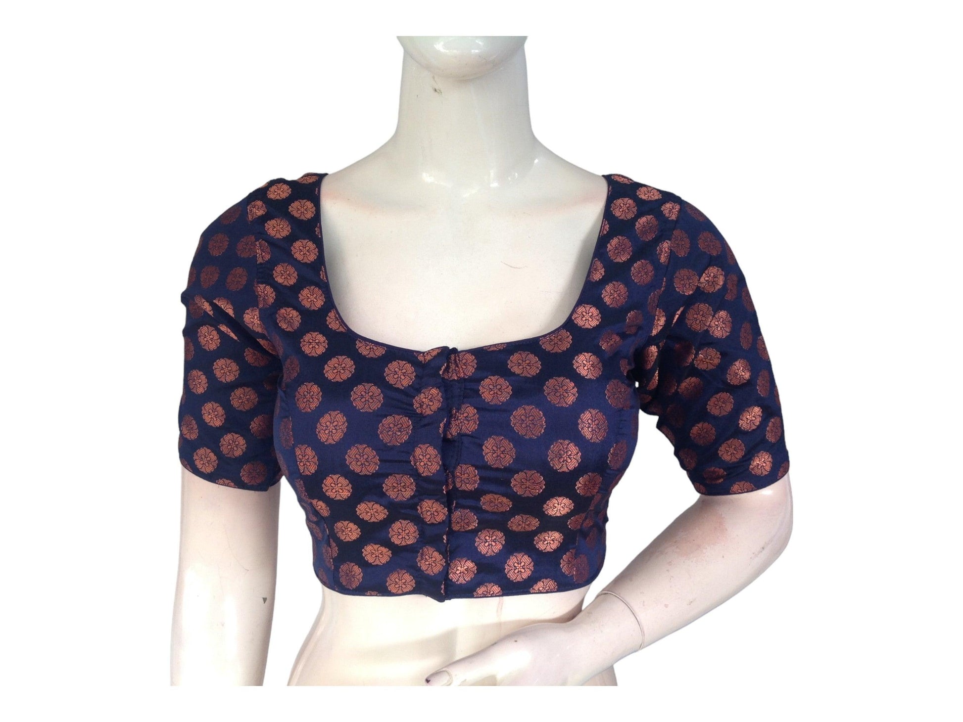 Navy Blue Color Brocade Readymade Saree Blouse, Indian Traditional Blouse - D3blouses