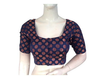 Navy Blue Color Brocade Readymade Saree Blouse, Indian Traditional Blouse - D3blouses