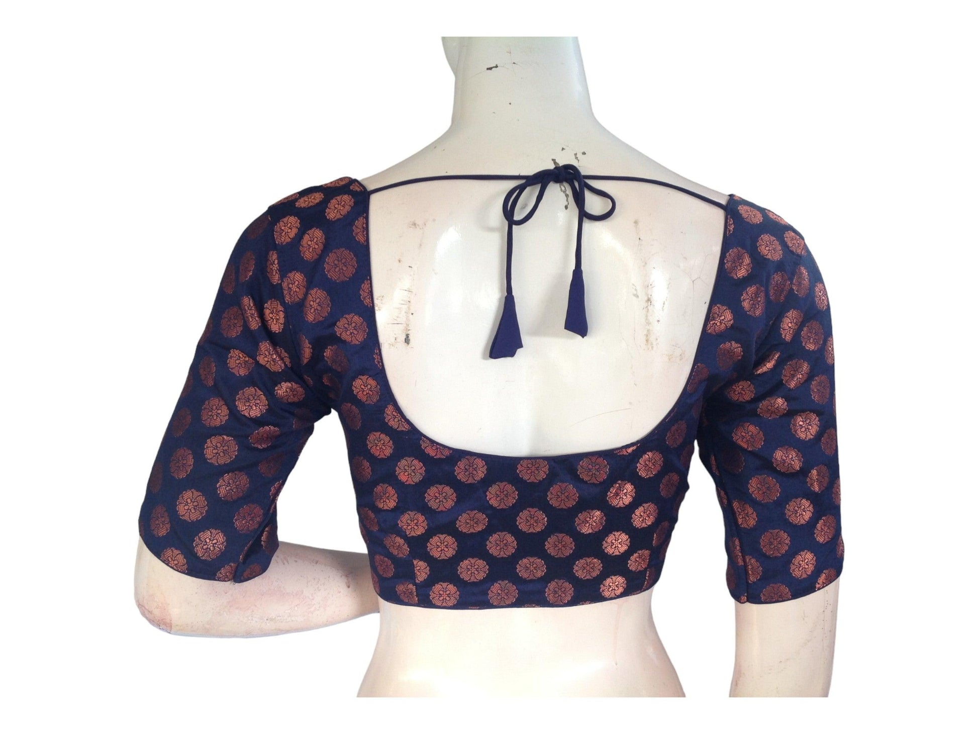 Navy Blue Color Brocade Readymade Saree Blouse, Indian Traditional Blouse - D3blouses