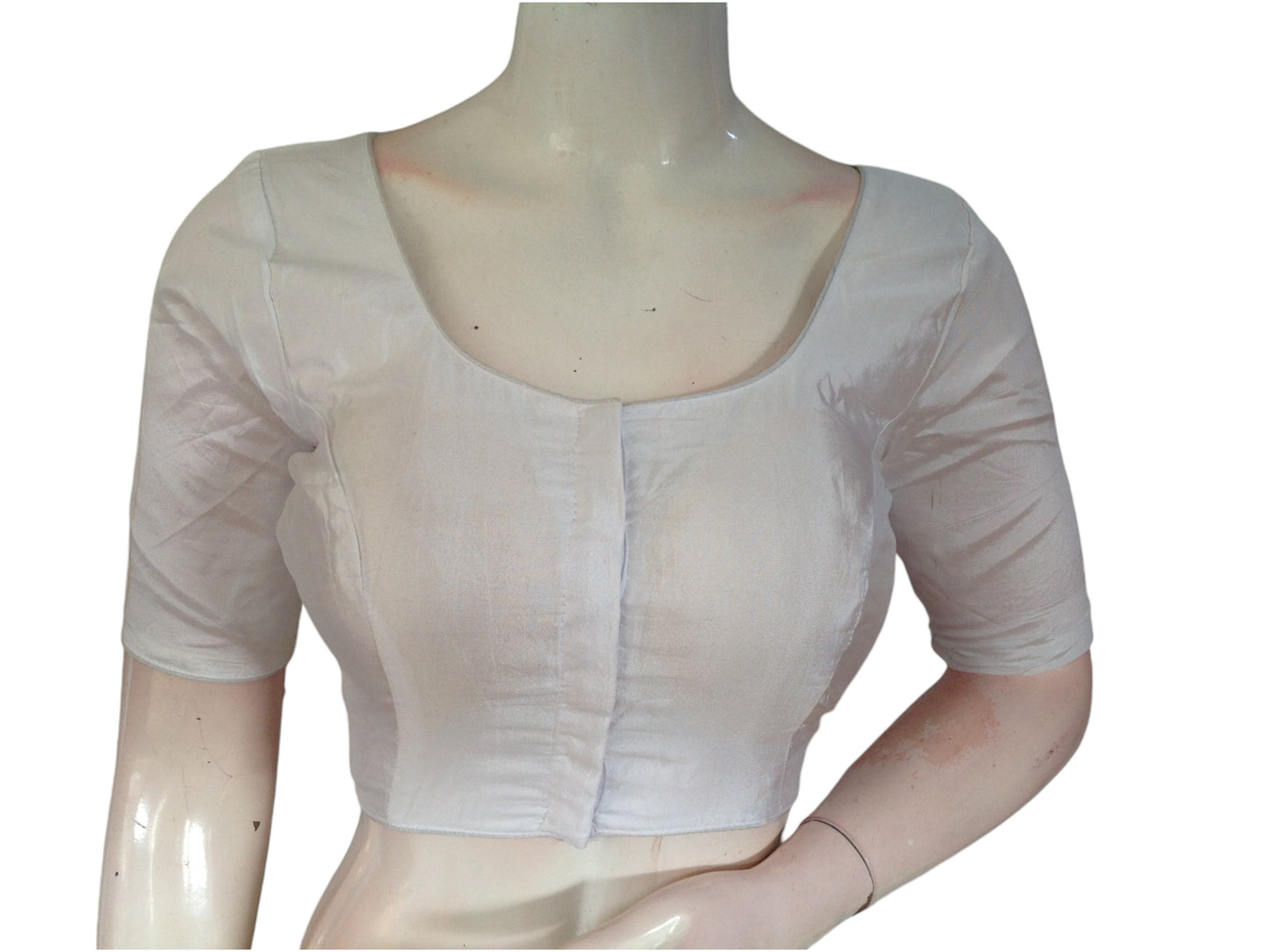 White Silk Cotton Plain Readymade Saree Blouse - Indian Fashion