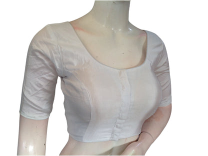 White Silk Cotton Plain Readymade Saree Blouse - Indian Fashion