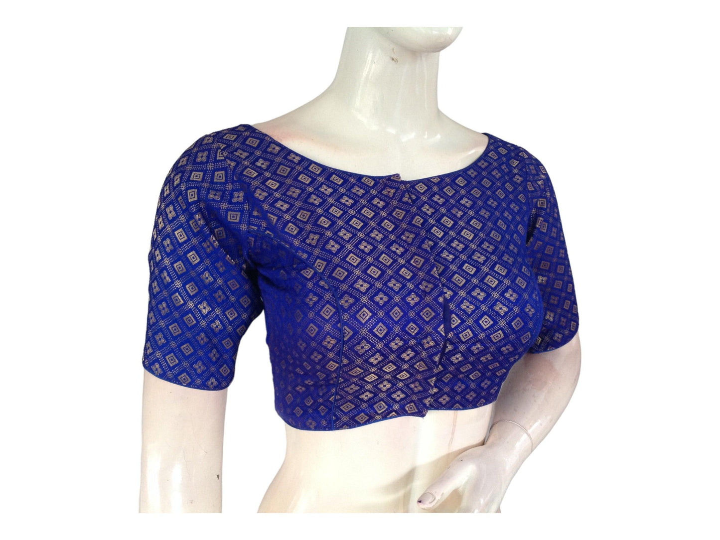 Blue Color Boat neck Brocade Readymade Saree Blouse, Indian Ethnic Blouse - D3blouses