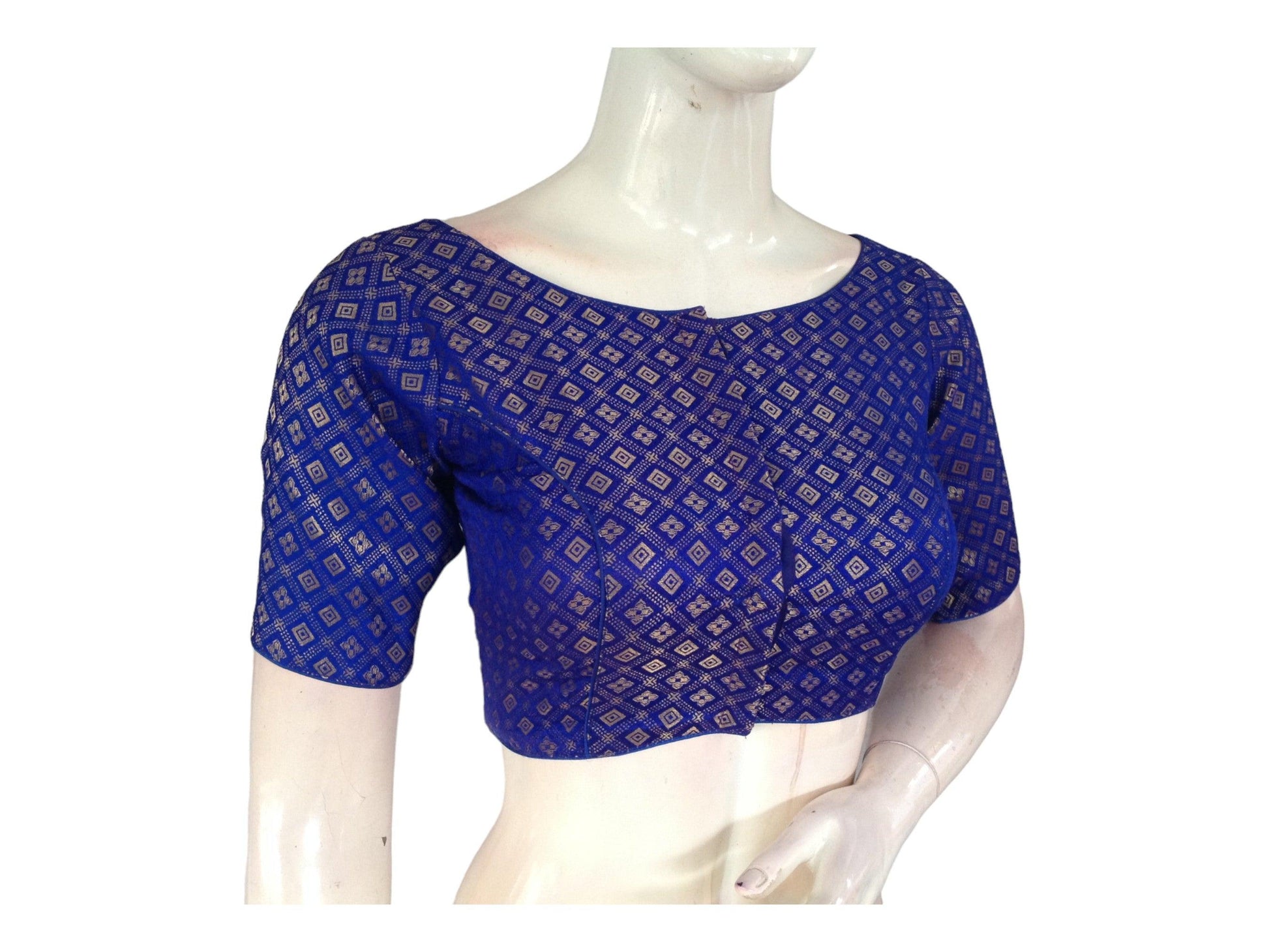 Blue Color Boat neck Brocade Readymade Saree Blouse, Indian Ethnic Blouse - D3blouses